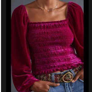 Anthropologie Puff-Sleeved Velvet Blouse | magenta | small